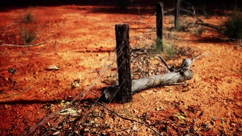 Rustic Wooden Fence Post in Dry Red Landscape