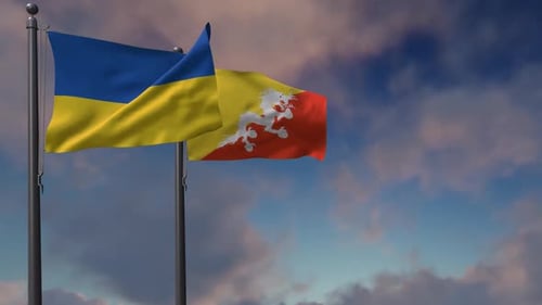 Drapeau du Bhoutan agitant avec le drapeau national de l'Ukraine - 2K