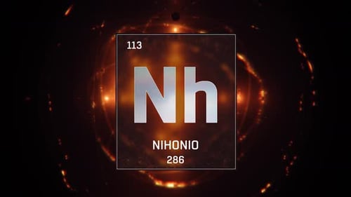 Nihonium as Element 113 of the Periodic Table on orange background in Spanish Language
