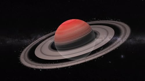 Saturn in space. Saturn slowly rotating in solar system. Planet with rings and asteroids in cosmos