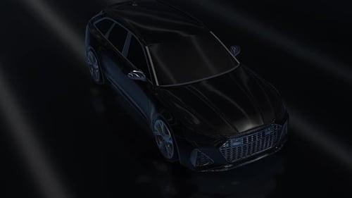 Sleek Black 3D Car Rotating Elegantly on a Dark Background