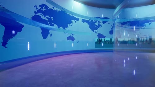 Virtual News Studio Background with World Map and Glowing Elements