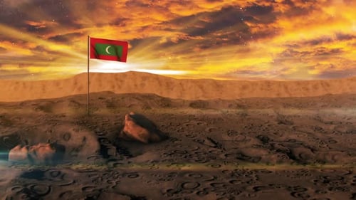 Maldives Flag Waving on a Martian Landscape at Sunset