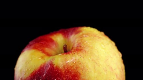 Rotation um den roten und gelben Apfel auf schwarzem Hintergrund