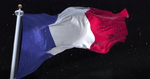Realistic French Flag Waving in Rain at Night