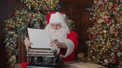 Slow Motion of Santa Claus Typing Letter with Typewriter in Decorated Studio