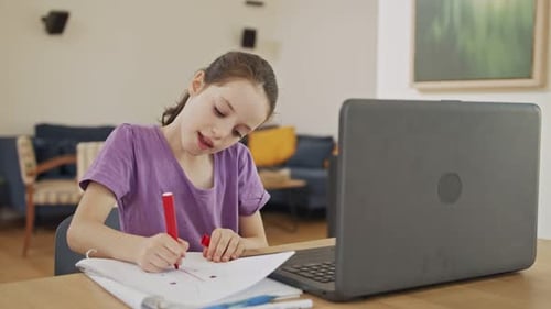 Girl Drawing and Looking at Laptop