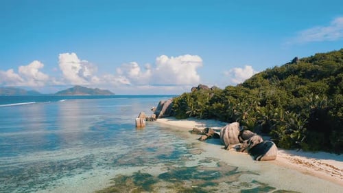 Aerial Drone Footage of Amazing Exotic Anse Source D'argent Beach on La Digue Island Seychelles