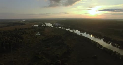 Aerial Green Landscape with River at Sunset