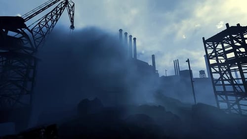 Dark Production Area With Cranes And Platforms