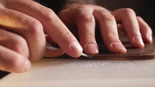 Tanner Works with Leather Makes Purse Manual Labor Small Business Production