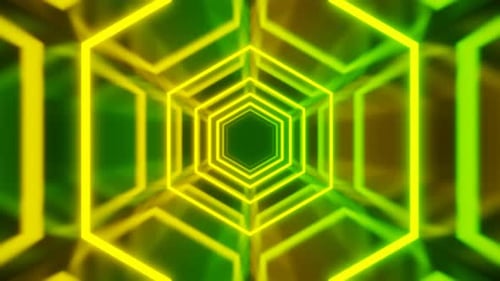 Yellow and Green Slow Hexagon Futuristic Neon Tunnel Seamless Vj Loop Animation Background