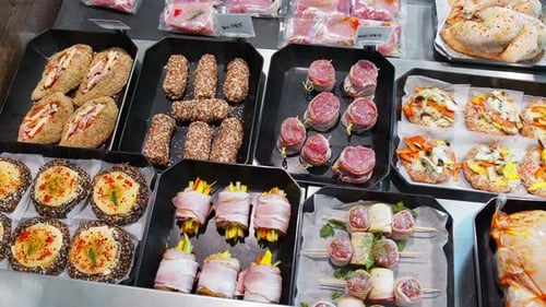 Display of assorted meat and poultry products