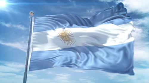 Realistic Argentina Flag Waving in Blue Sky with Sun Flare