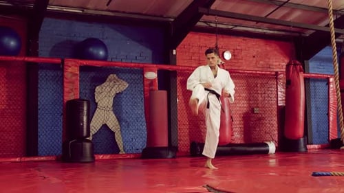 Man Practicing Karate Kicks in Gym