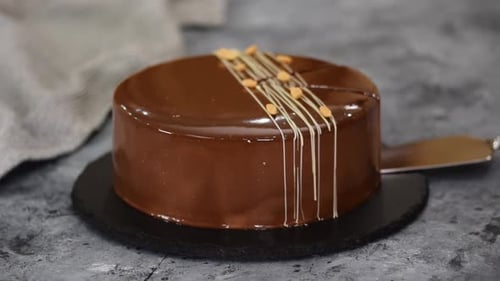 Chocolate Cake Slice Served with Shiny Glaze