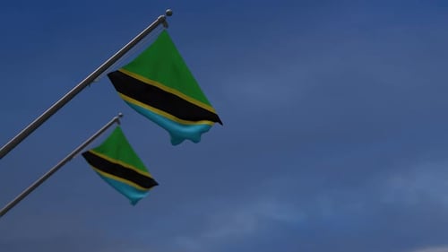 Two Tanzania Flags Waving Against a Clear Blue Sky
