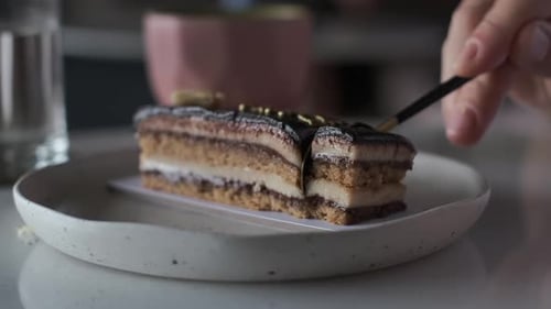 Close Up of a Sweet Chocolate Cake Slice Eating Patisserie and Coffee in a Fabulous Hipster Cafe