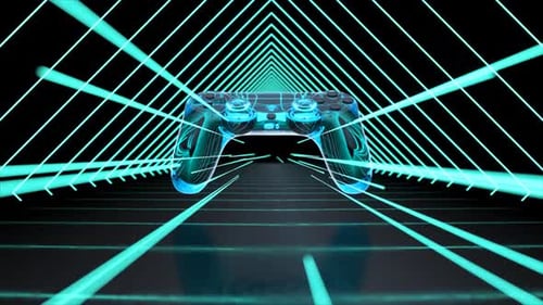 Animated Futuristic Gaming Controller Flying Through Neon Tunnel
