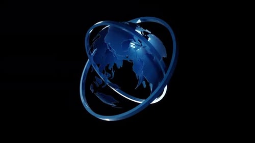 Animated Blue Glass Globe with Orbiting Rings for News Broadcast