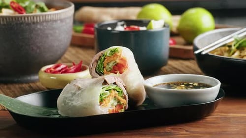 Spring Roll with Chicken or Shrimps in Rice Paper with Sweet and Sour Sauce Closeup Cooking