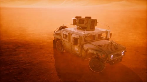 Military Patrol Car on Sunset in Desert Storm