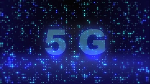 "5G" on dark blue screen. Seamless loop block pattern mosaic motion background.