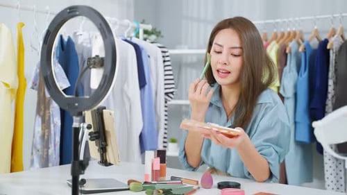Woman Applies Makeup in Front of Phone and Ring Light