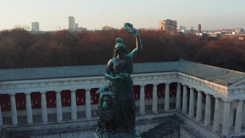 Ruhmeshalle and Bavaria Monument Statue of Woman and a Lion in Munich, Germany Oktoberfest