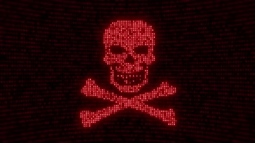 Skull shape with noise and glitching. Internet piracy and online security