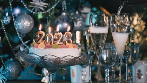 Pouring Champagne Near Cake For New Year Celebration