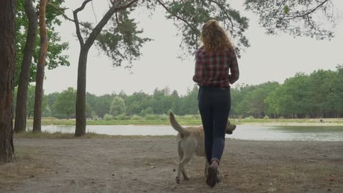 Young Girl with the Dog on a Leash Goes To the River