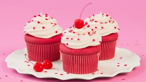 Animated Red Velvet Cupcakes with Falling Heart Sprinkles