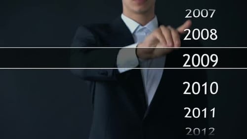 Businessman Selects 2014 Year in Virtual Menu, Search for Data, Business History