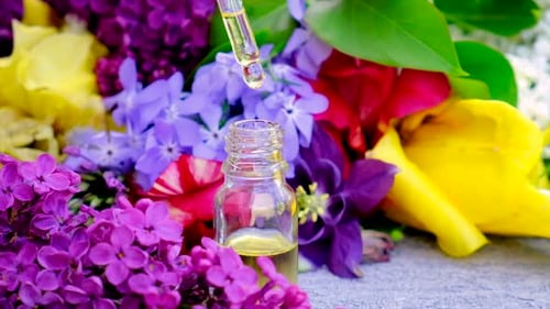 Essential Oil with Dropper Among Colorful Flowers
