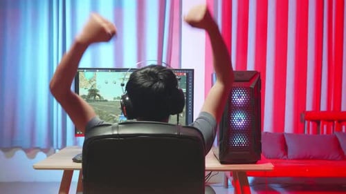 Young Adult Playing Video Game in Room