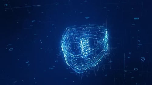 Blue particle shield logo with digital futuristic technology icon on abstract background