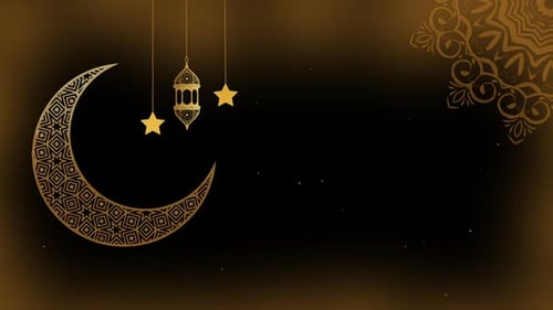 Ramadan Kareem Golden Crescent Moon and Lantern Greeting Animation