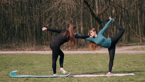 Two Women Doing Balancing Yoga Postures Outdoors