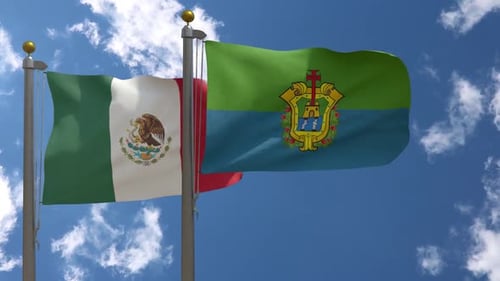 Mexico and Michoacán Flags Waving Realistic Sky Animation