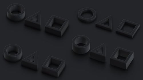 Animación abstracta de círculo, triángulo, símbolo cuadrado. Ilustración isométrica 3d sobre fondo negro