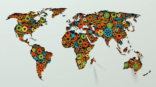 Global crisis. World map with spinning gears breaks apart. Political disaster