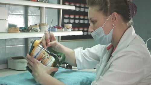 Dental Technician Works on a Teeth Mold in Lab