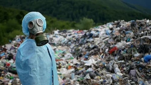 Ökologische Katastrophe, Apokalypse oder Armageddon-Konzept. Frau trägt Gasmaske.