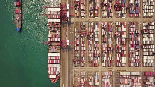 Aerial top view of container cargo ship in the export and import business and logistics