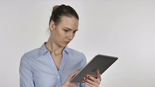 Woman Using Digital Tablet Against White Background