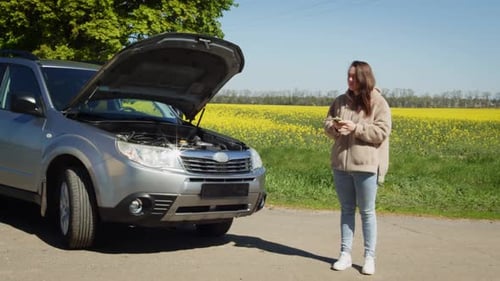 Woman Next to Car With Hood Up Uses Phone
