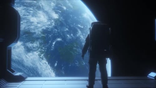 Astronaut Looks at Blue Earth from Futuristic Spaceship Window