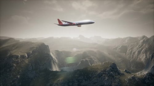 Passenger Aircraft Over Mountain Landscape