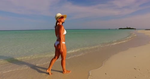 Sexy Happy Lady on Photoshoot Enjoying Life on Beach on Clean White Sand and Blue